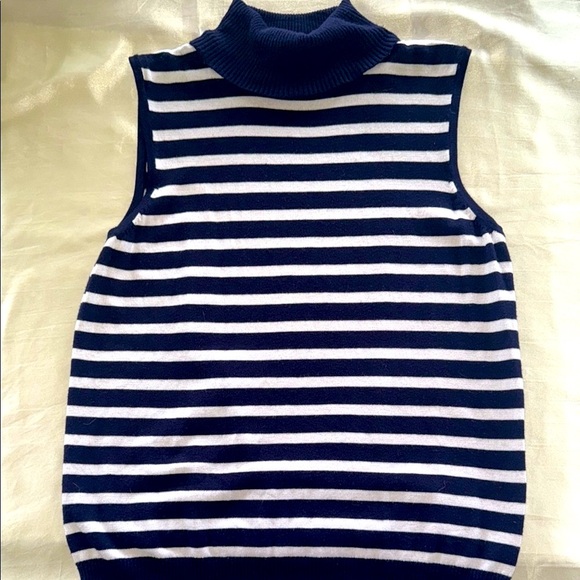 Cable & Gauge Navy White Nautical Stripe Sleeveless Turtleneck Sweater Knit Sz L - Picture 4 of 15